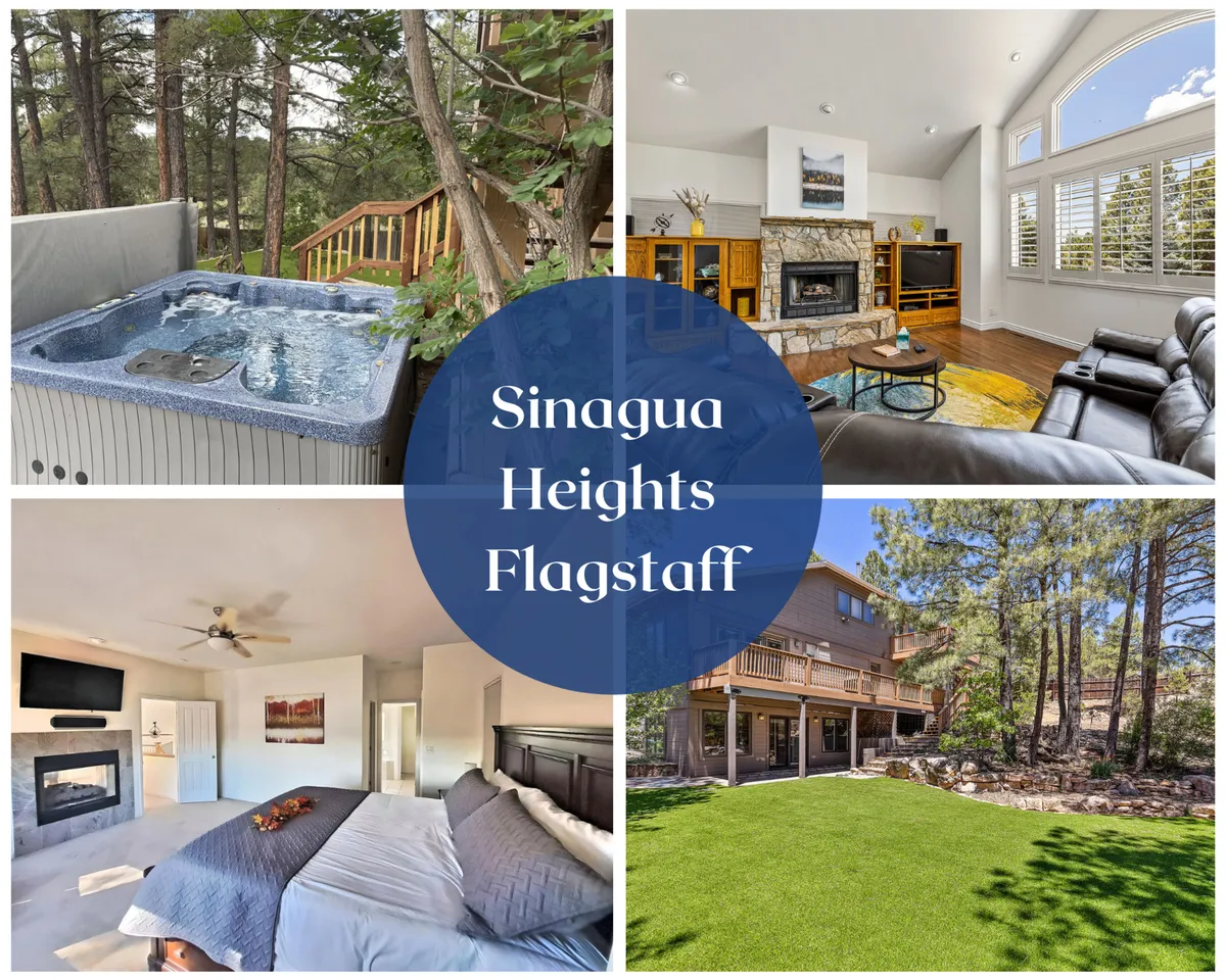 The hero image showcases a spacious, inviting living area with plush seating, a glowing fireplace, and large windows revealing views of the tranquil backyard. The bubbling hot tub sits just outside, surrounded by towering pines, blending indoor comfort with the serene beauty of Flagstaff's natural landscape.